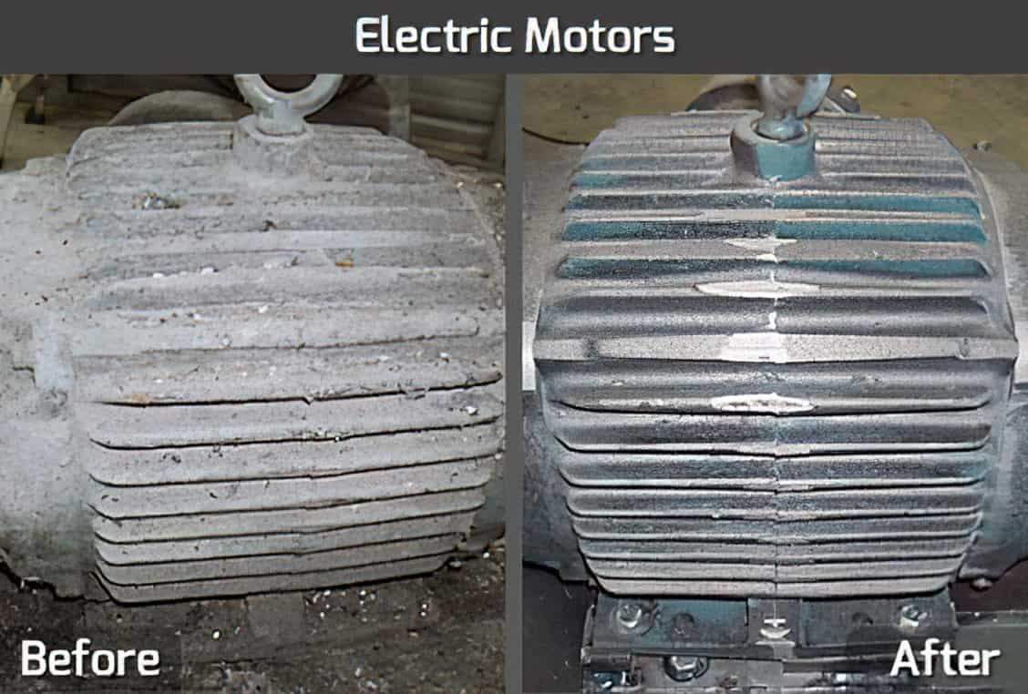 A before and after comparison of an electric motor with cooling fins on the outside. In the before image, the cylinder is dark and dirty, while in the after image, it is clean, polished, and has a shiny silver finish.