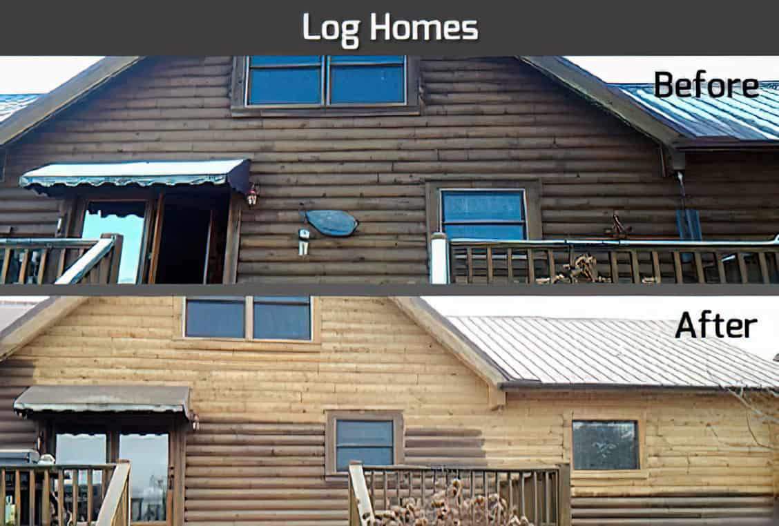 An image split into two sections, with the top half labeled “Before” showing log home that is dark and dirty due to age The bottom half, labeled “After”, shows the same log home restored to a clean and new like state.