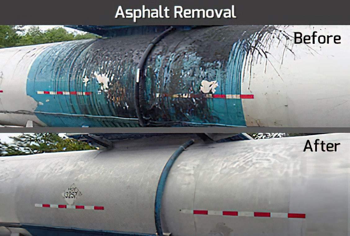 A before and after comparison of a large cylindrical object that is heavily coated with asphalt in the before image, and is clean and smooth in the after image.