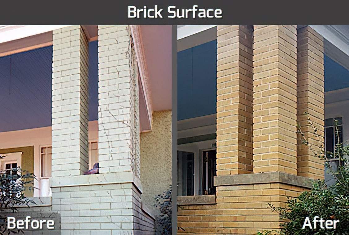 A before-and-after comparison of a building’s brick surface, with the left side showing worn and streaked bricks and the right side showing the same area looking cleaner and more uniform in color after a treatment.